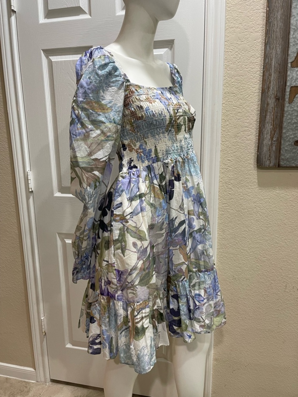 & Other Stories Smocked Mini Dress in Blue Dusty Floral Print Size 10 - Picture 5 of 10